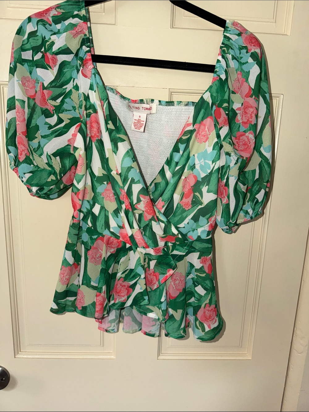 Flying Tomato Pink Floral Green Wrap Peplum Blouse